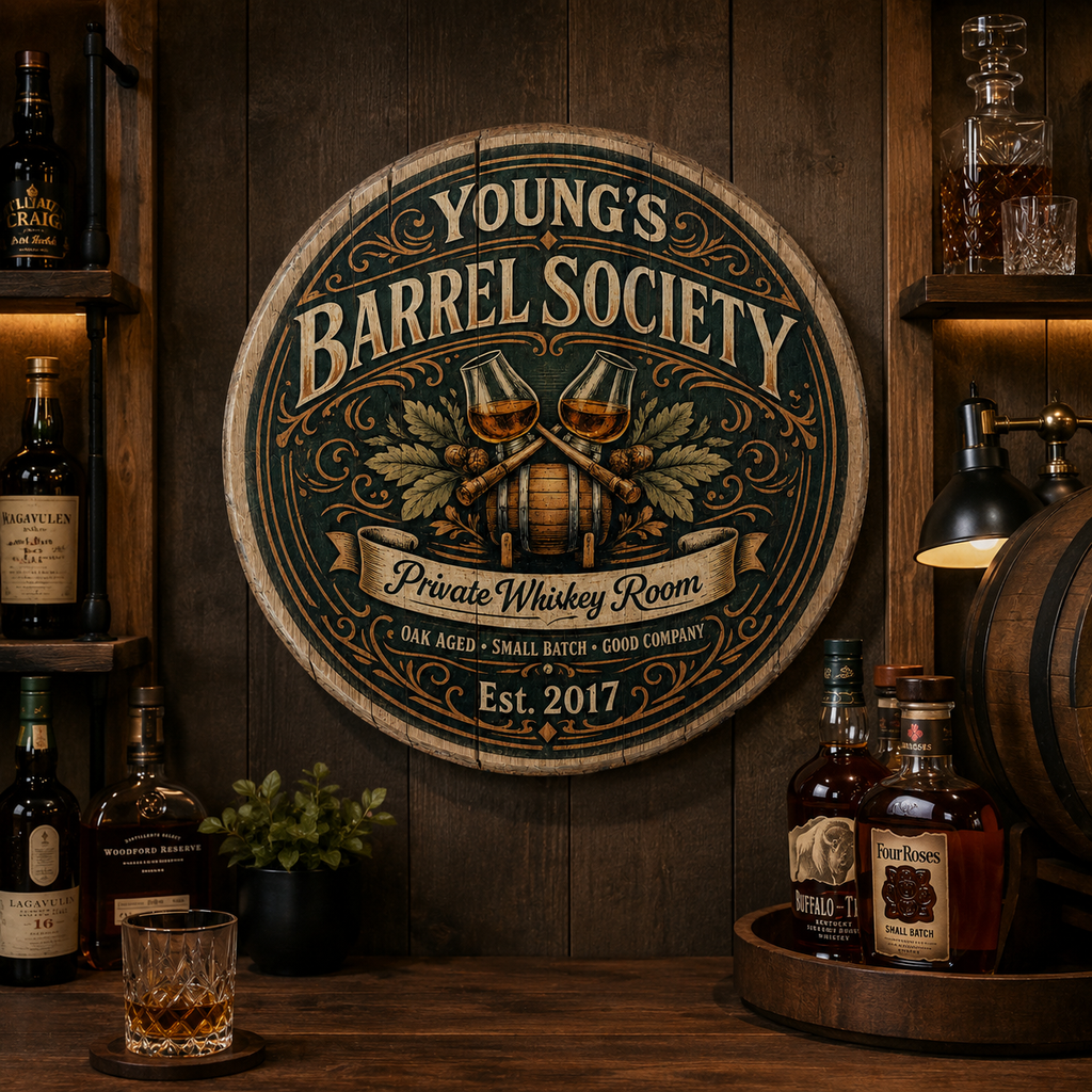Personalized Barrel Society bourbon barrel lid sign displayed in a whiskey lounge