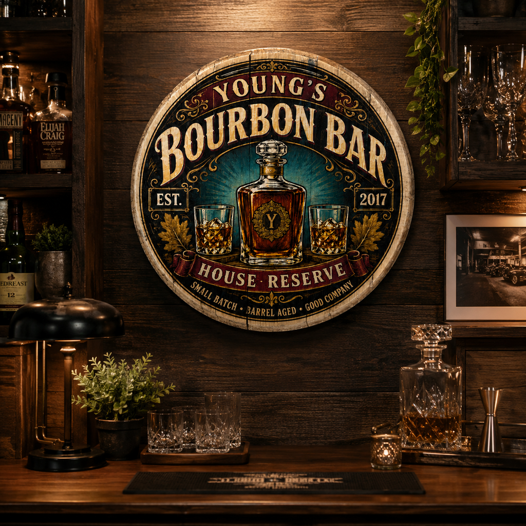 Personalized bourbon bar barrel lid sign hanging in a bourbon room