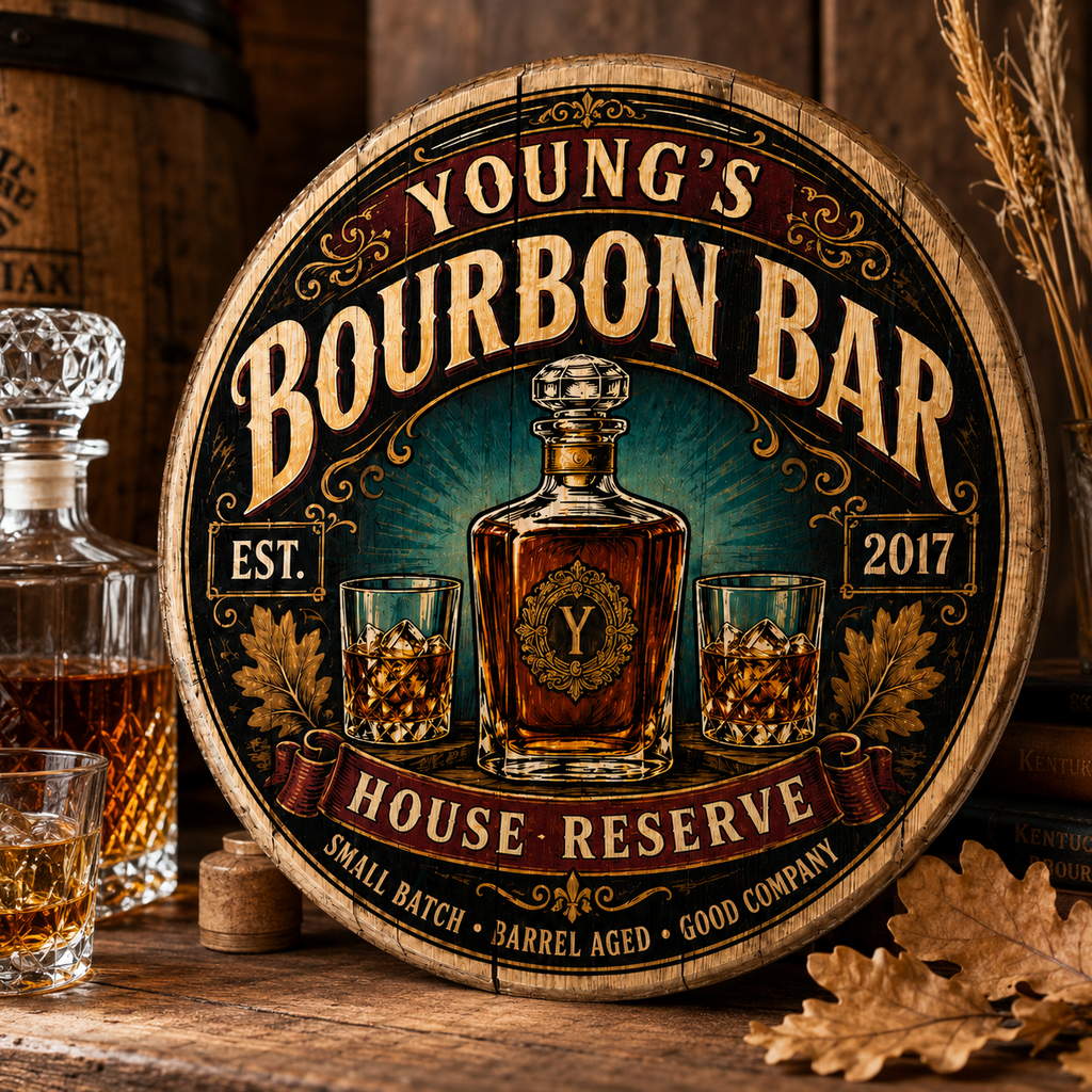 Close up of personalized bourbon bar barrel lid sign with whiskey artwork