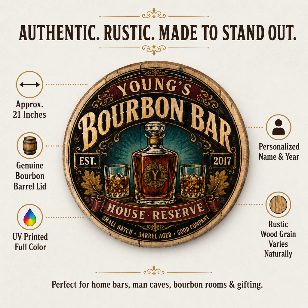 Personalized bourbon bar barrel lid sign product details graphic