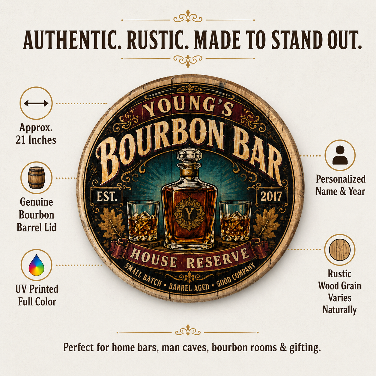 Personalized bourbon bar barrel lid sign product details graphic