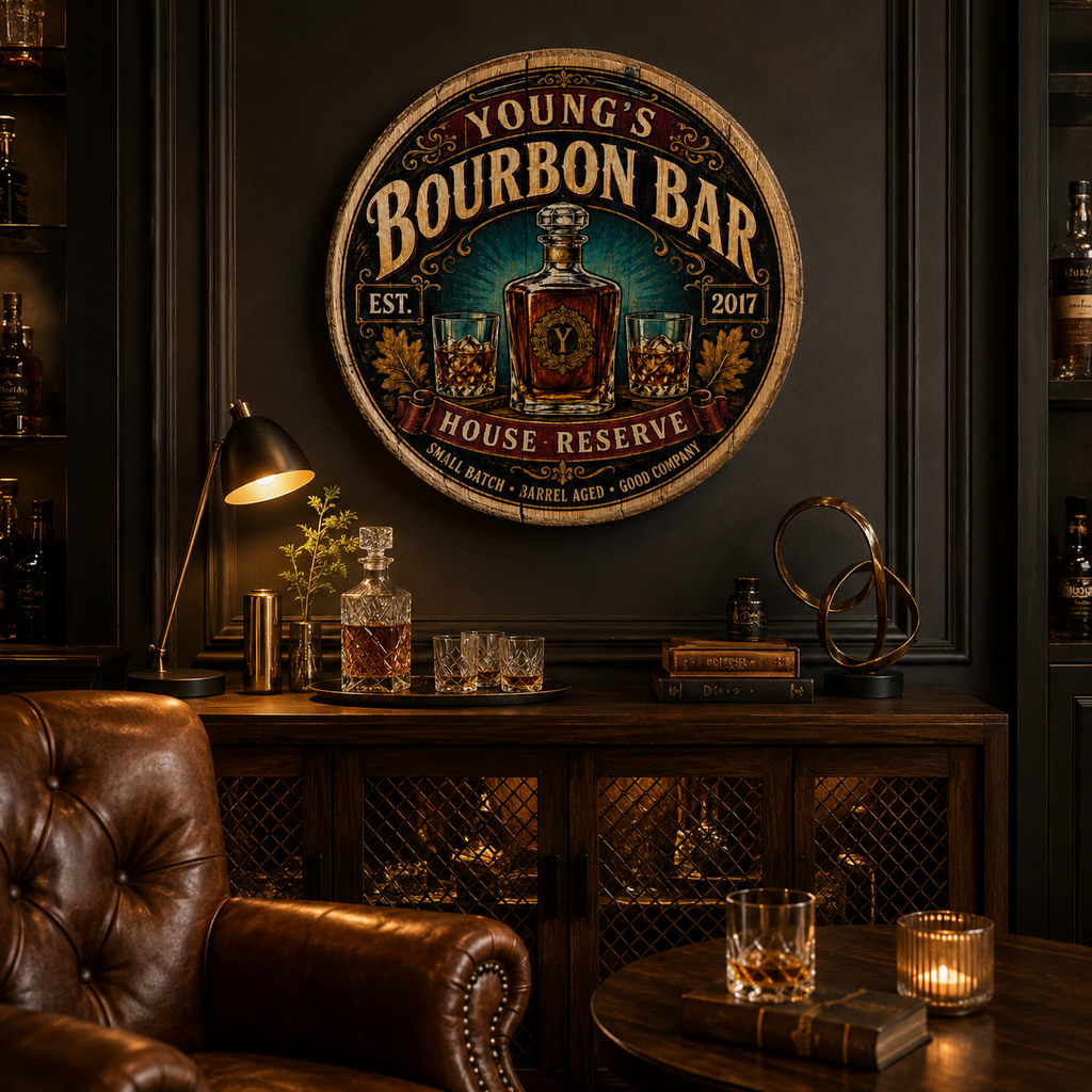 Personalized bourbon bar barrel lid sign displayed on a home bar wall