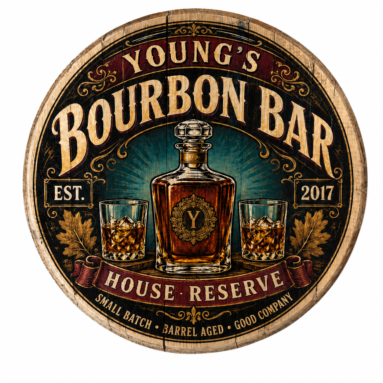 Personalized Bourbon Bar Barrel Lid Sign with House Reserve whiskey decor design