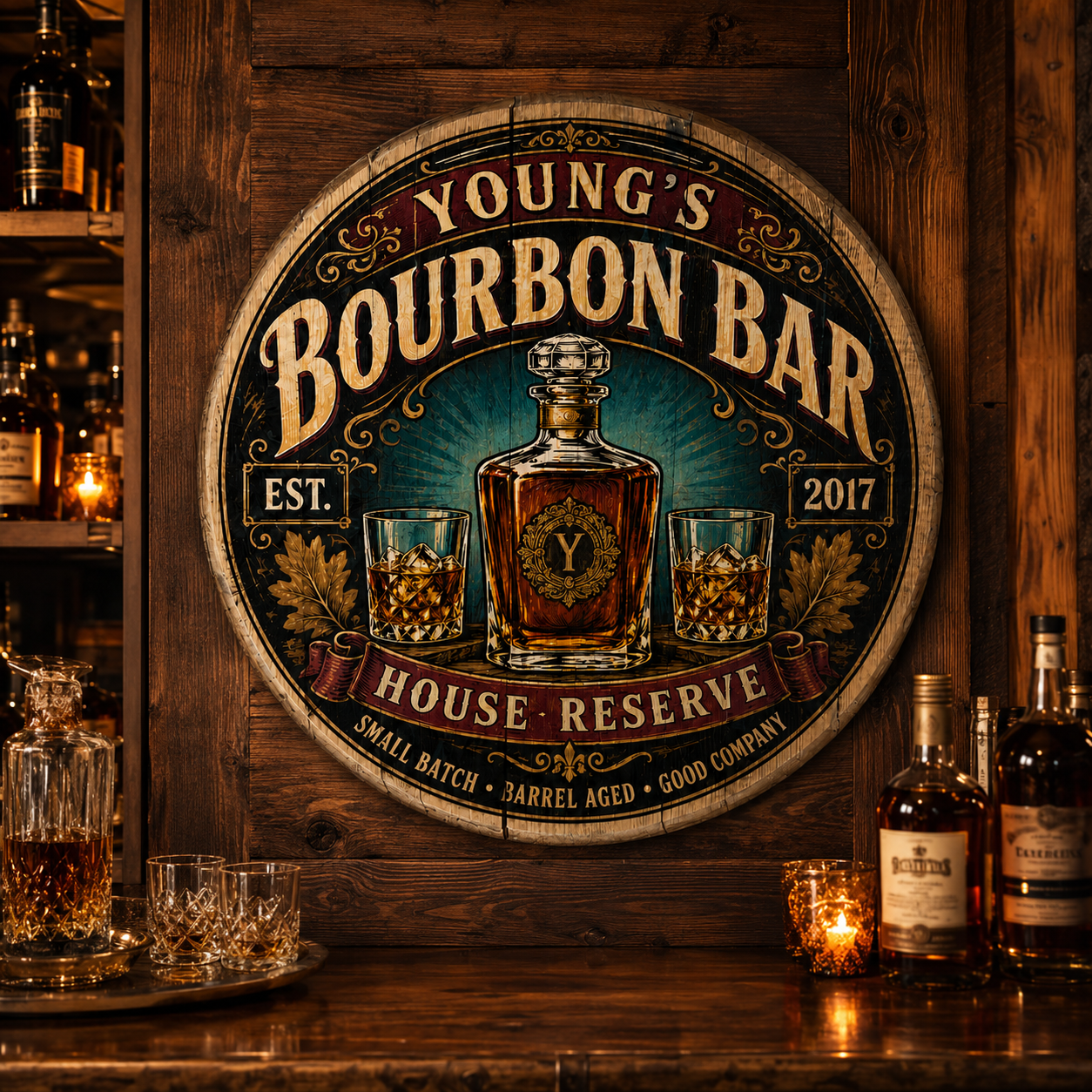 Personalized bourbon bar barrel lid sign in a rustic whiskey bar setting