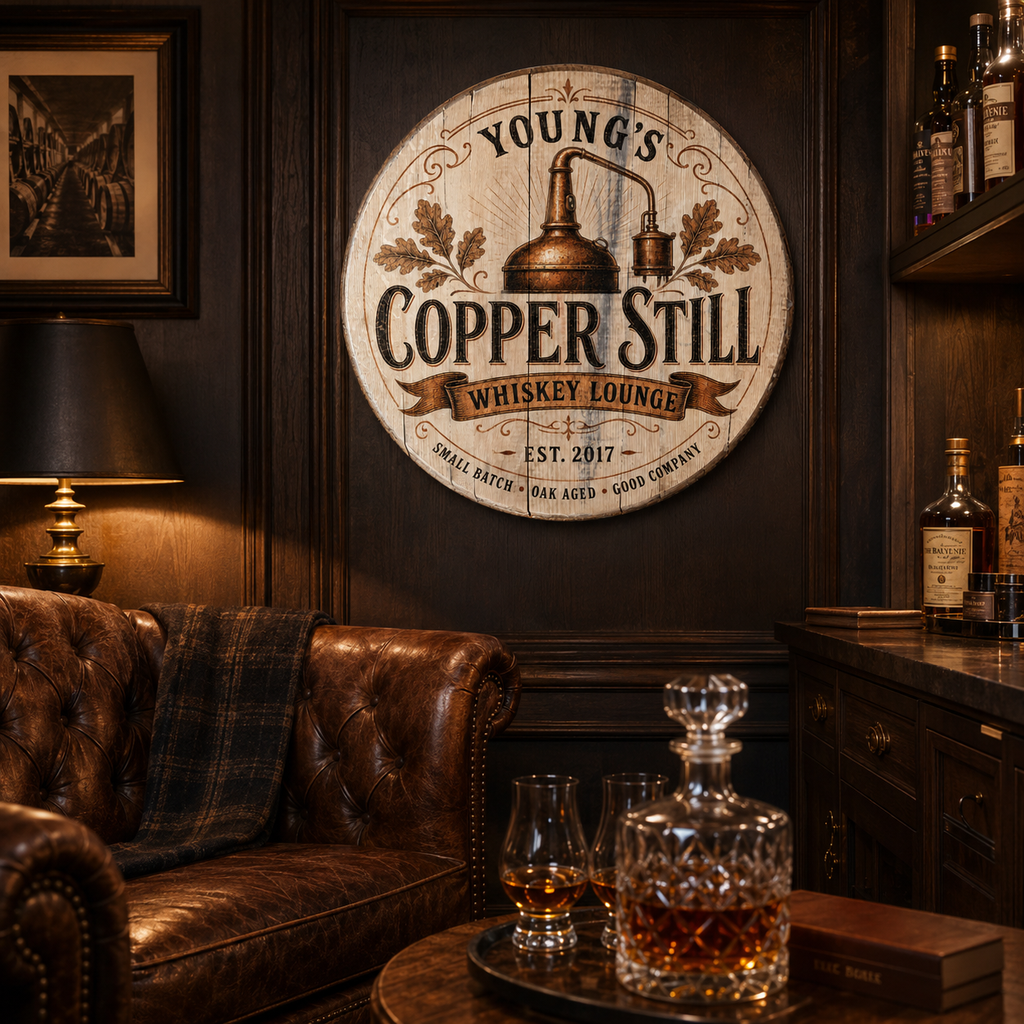 Close up of personalized Copper Still bourbon barrel lid sign with whiskey decor