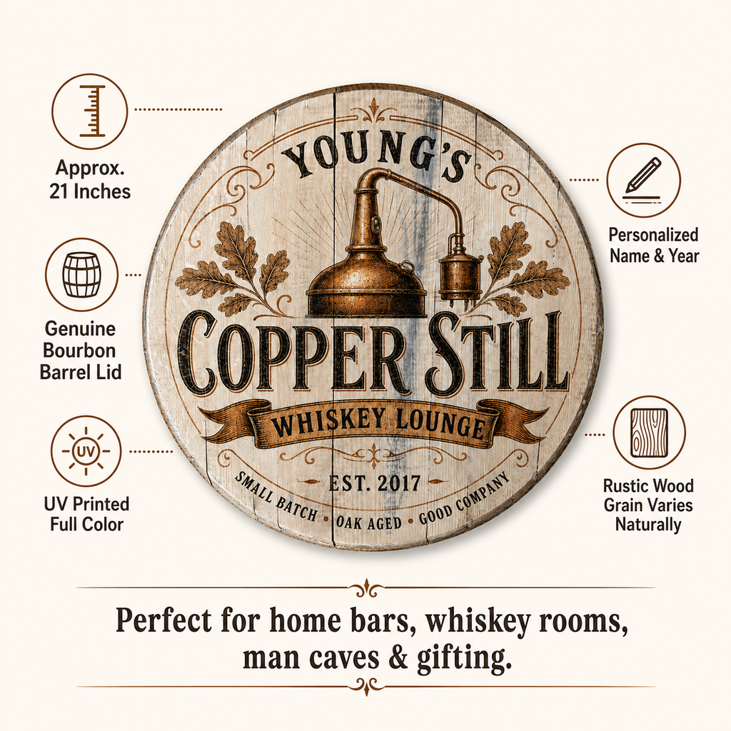 Personalized Copper Still bourbon barrel lid sign product details graphic