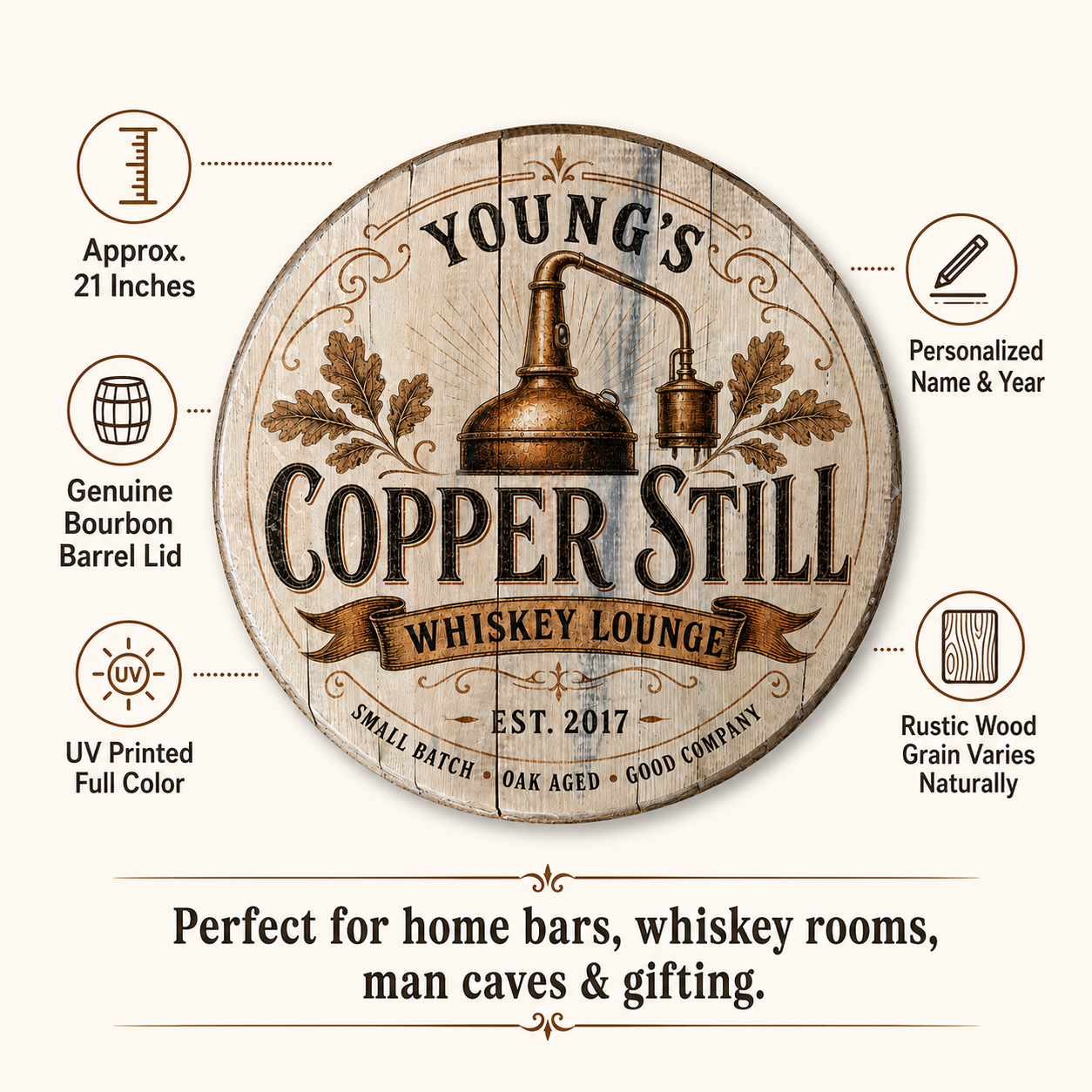 Personalized Copper Still bourbon barrel lid sign product details graphic