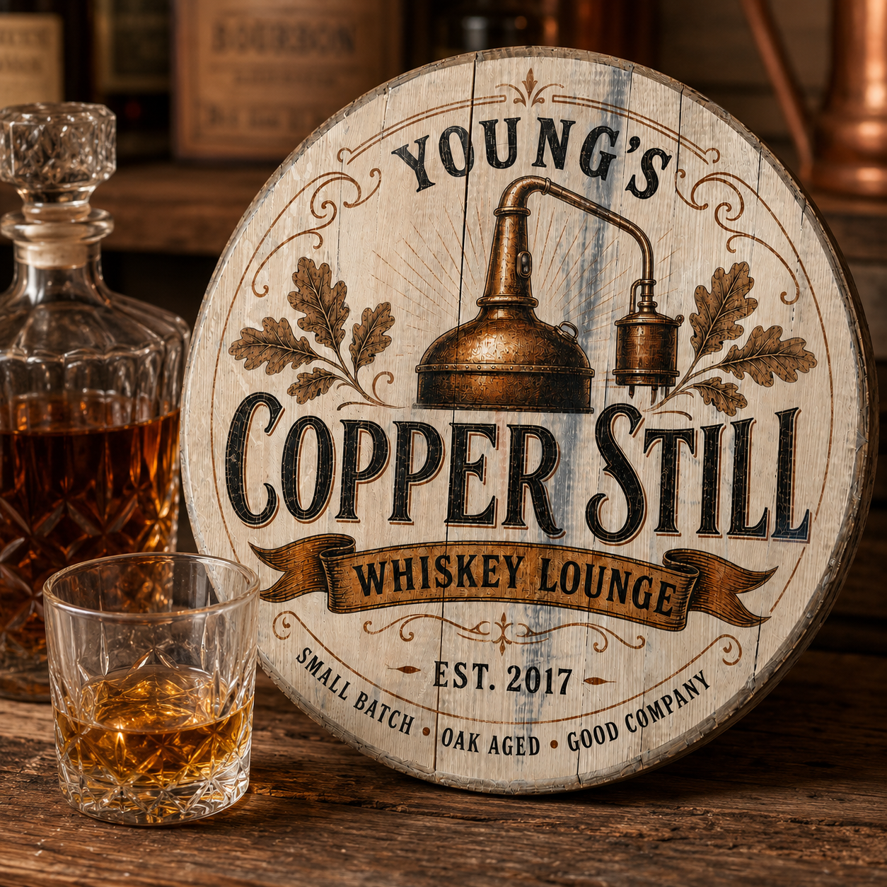 Personalized Copper Still bourbon barrel lid sign in a warm whiskey lounge atmosphere