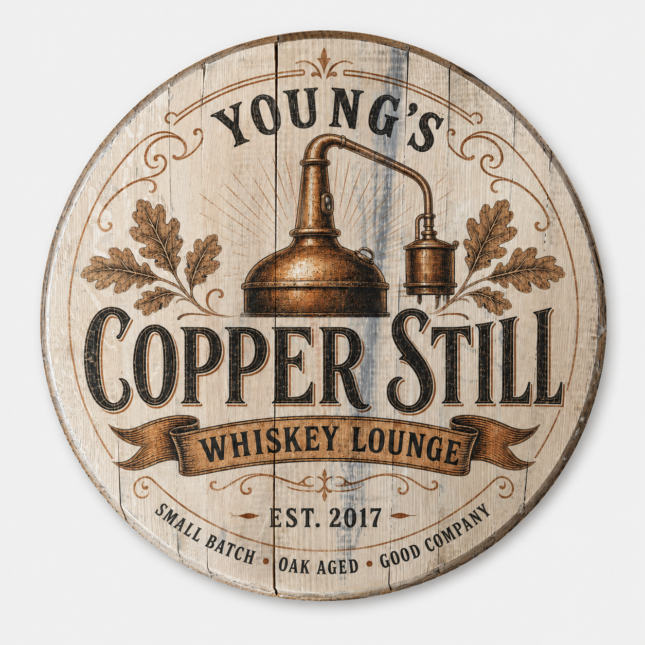Personalized Copper Still bourbon barrel lid sign with whiskey lounge artwork