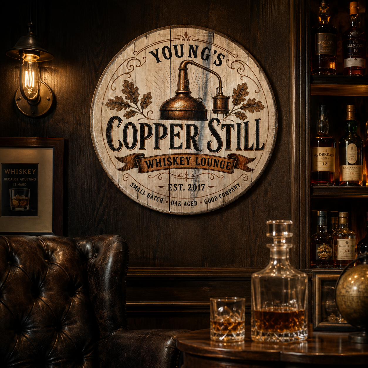 Personalized Copper Still bourbon barrel lid sign displayed in a whiskey lounge