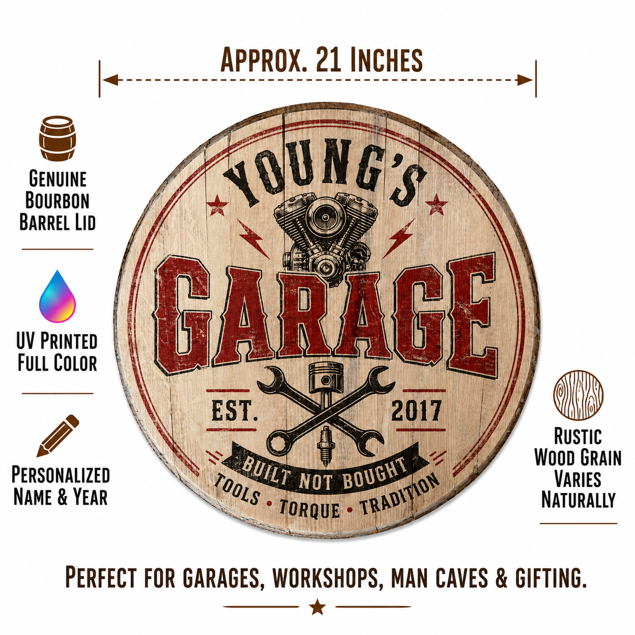 Personalized garage bourbon barrel lid sign product details graphic