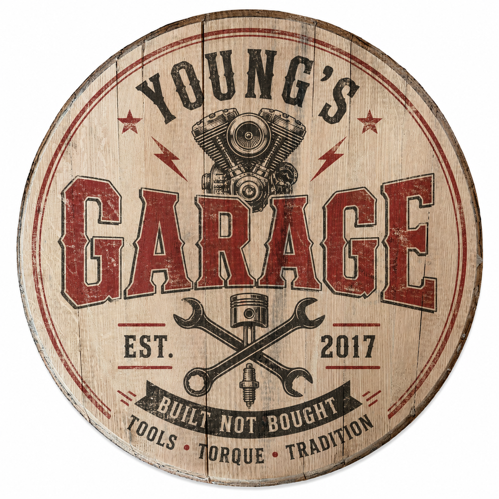 Personalized garage bourbon barrel lid sign with vintage mechanic artwork