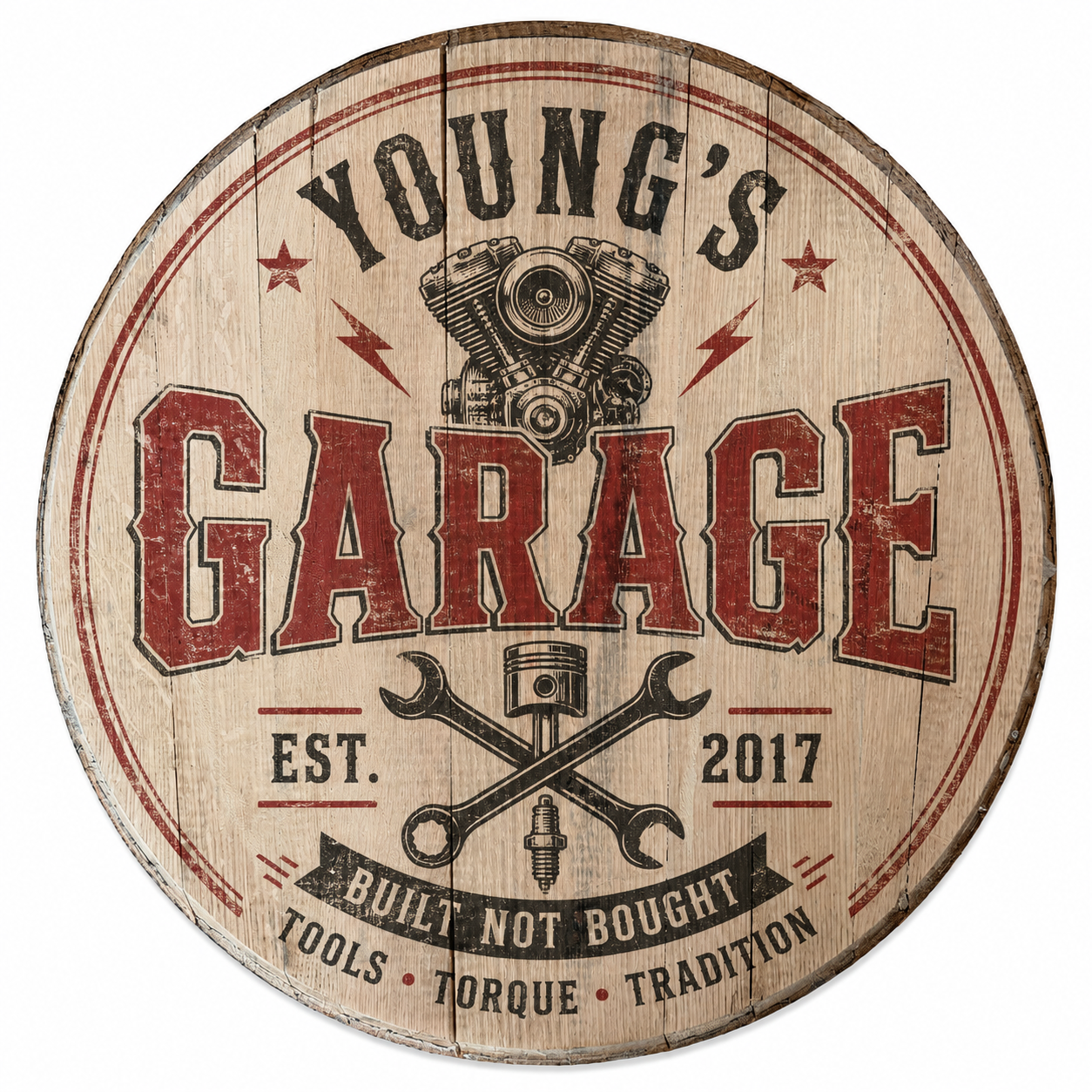 Personalized garage bourbon barrel lid sign with vintage mechanic artwork