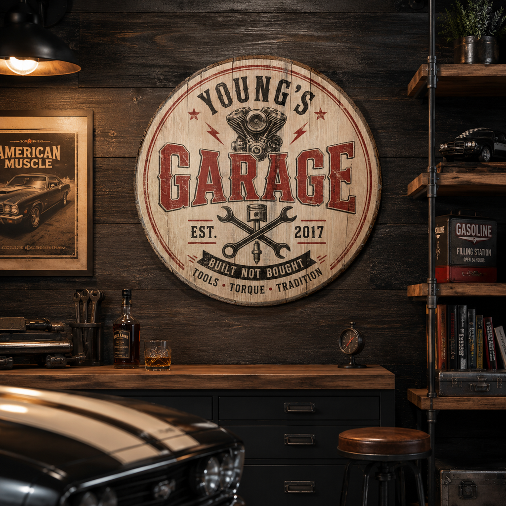 Personalized garage bourbon barrel lid sign in a rustic automotive garage setting