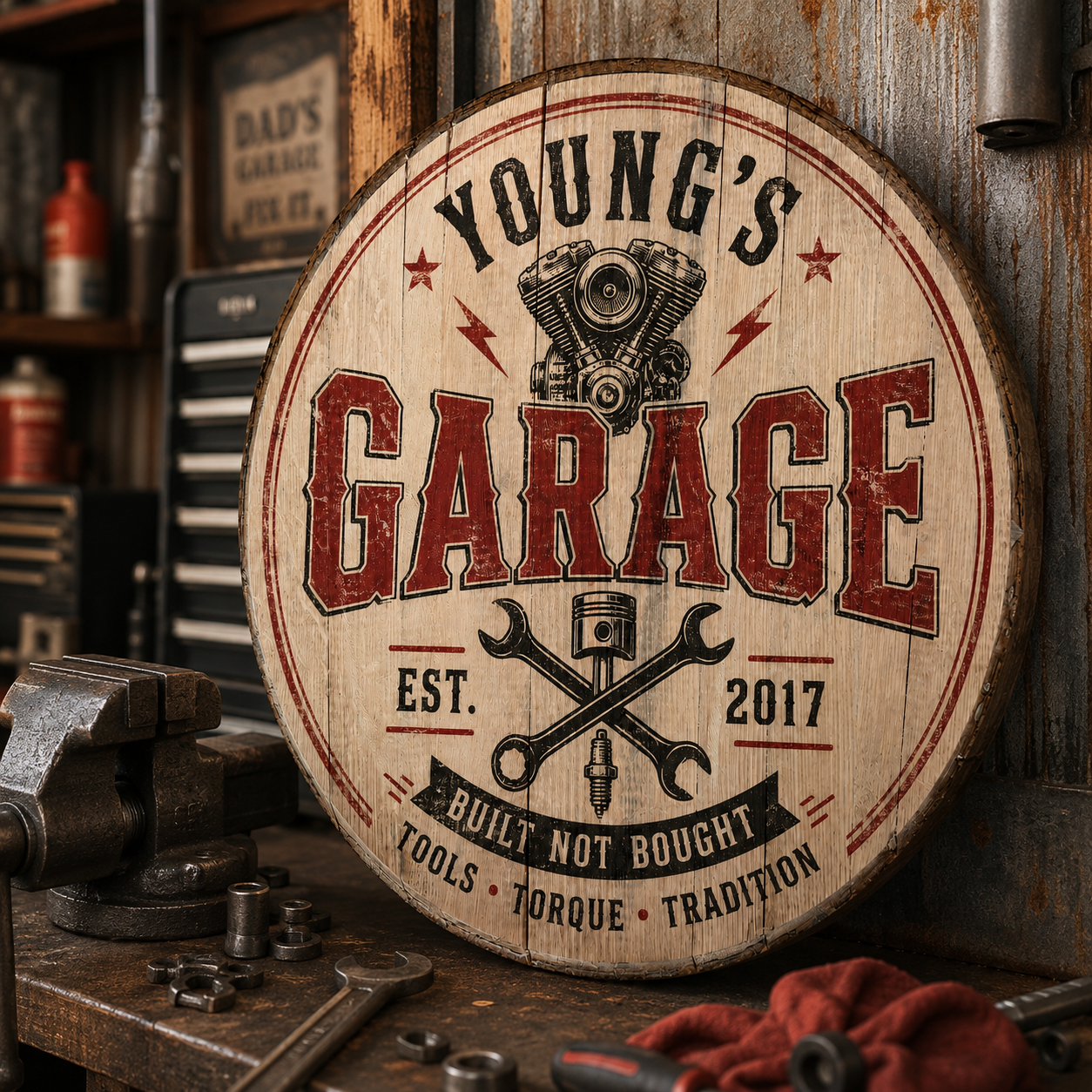 Personalized garage bourbon barrel lid sign displayed with tools in a workshop