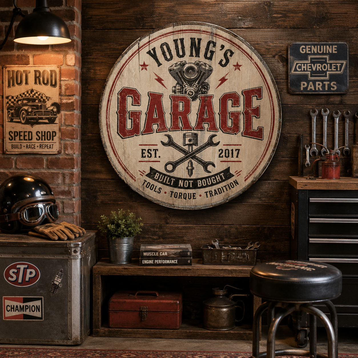 Personalized garage bourbon barrel lid sign displayed in a vintage workshop interior