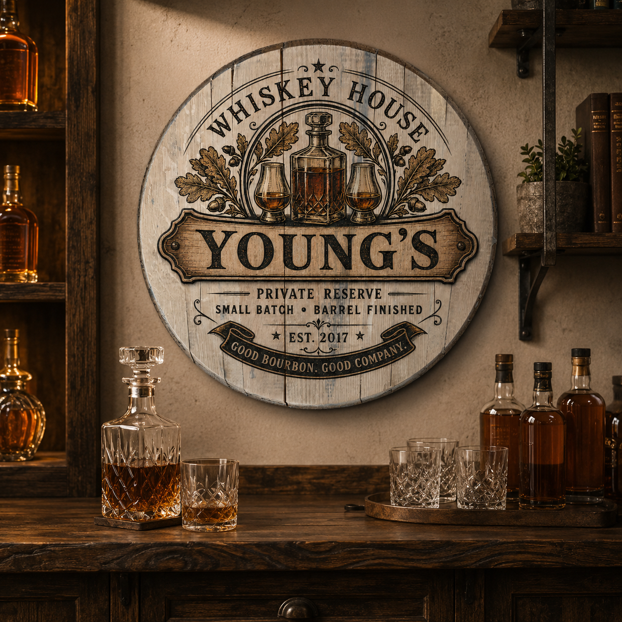 Personalized whiskey barrel lid sign displayed in a rustic home bar