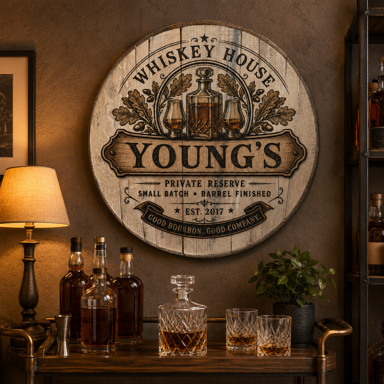 Custom bourbon barrel lid sign above whiskey cart in home bar