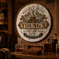 Personalized bourbon barrel lid wall art on brick bar wall