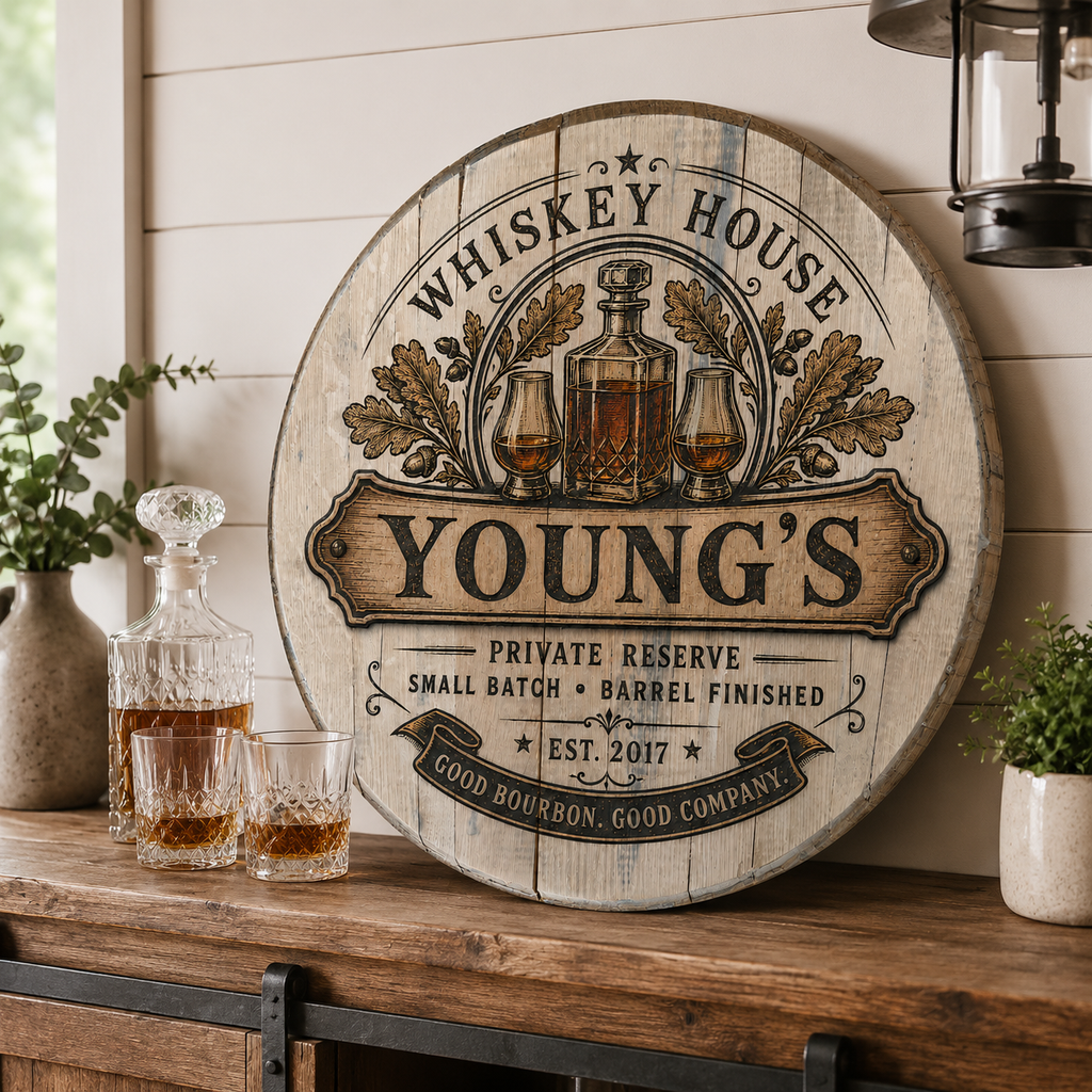 Rustic whiskey barrel lid sign styled with decanter and glasses