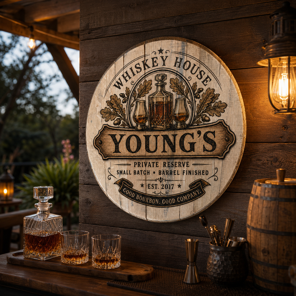 Personalized whiskey barrel lid sign displayed on outdoor bar wall at dusk