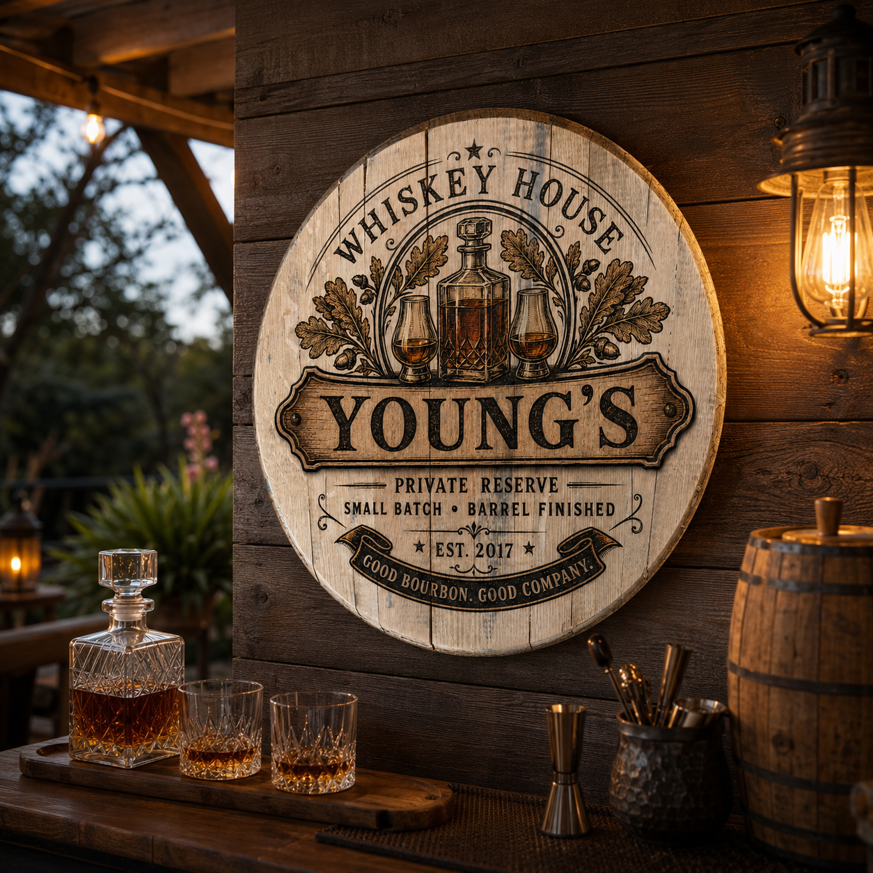 Personalized whiskey barrel lid sign displayed on outdoor bar wall at dusk