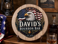 Personalized Bourbon Barrel Lid Sign | Custom Home Bar Decor | Patriotic Eagle Bourbon Bar Wall Art | Whiskey Barrel Man Cave Sign