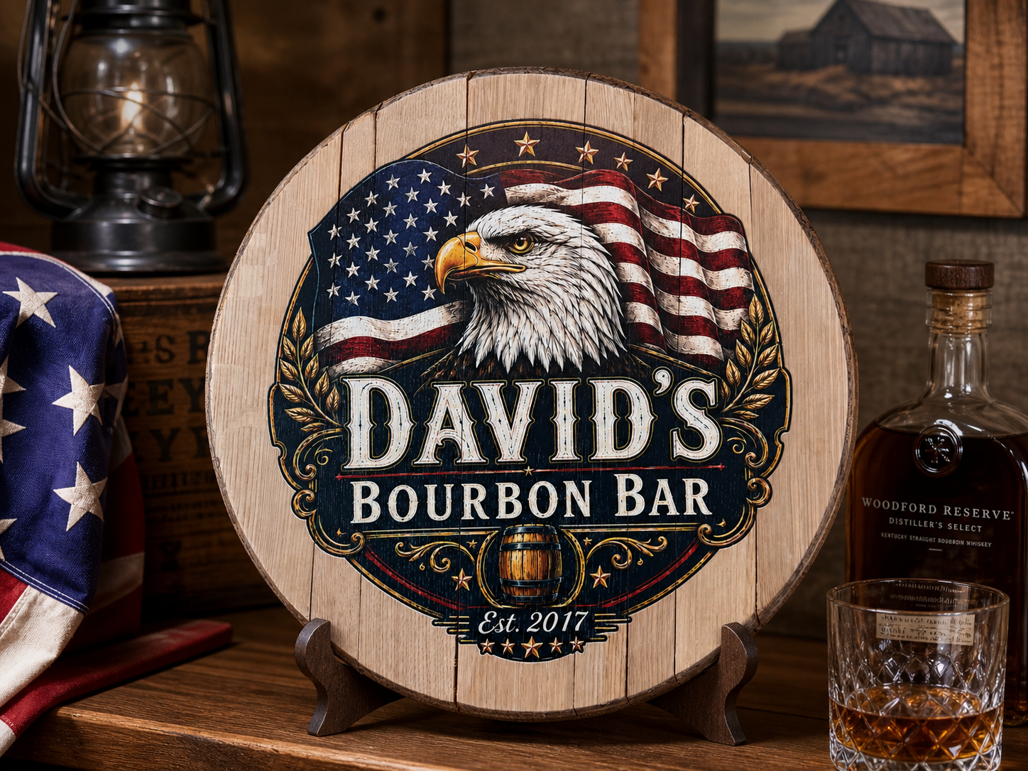 Personalized Bourbon Barrel Lid Sign | Custom Home Bar Decor | Patriotic Eagle Bourbon Bar Wall Art | Whiskey Barrel Man Cave Sign