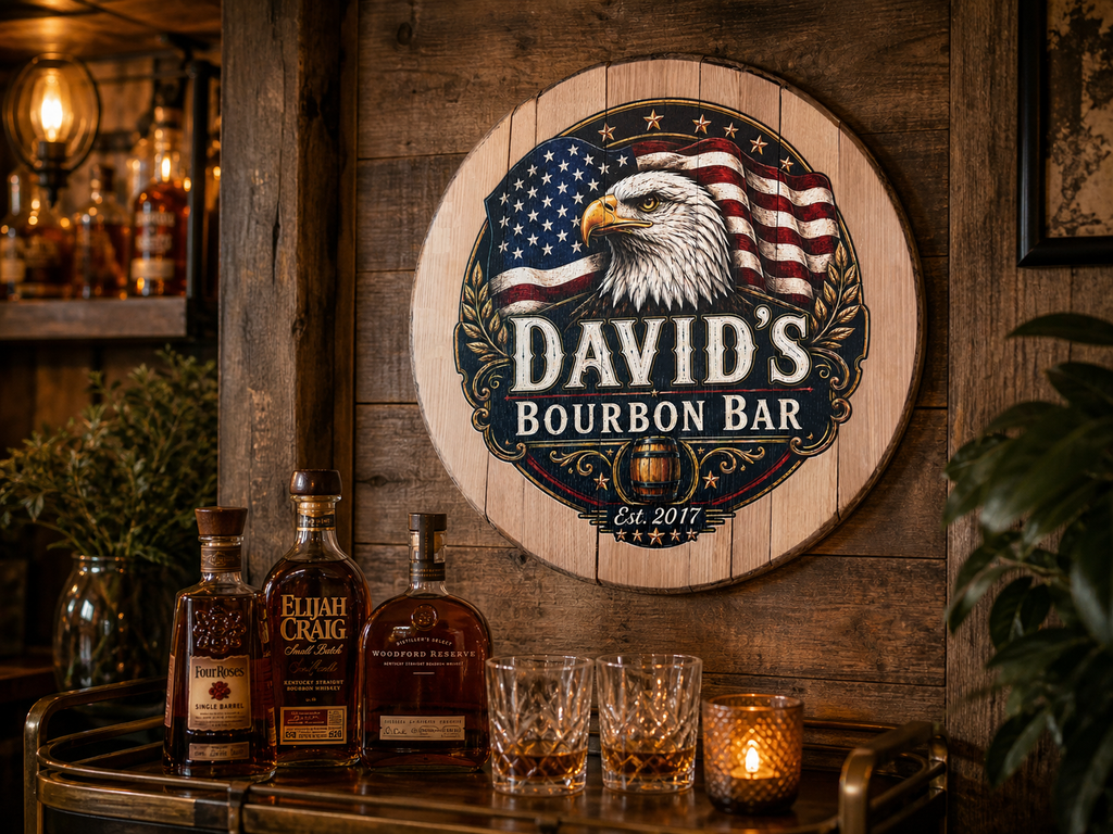 Personalized Bourbon Barrel Lid Sign | Custom Home Bar Decor | Patriotic Eagle Bourbon Bar Wall Art | Whiskey Barrel Man Cave Sign