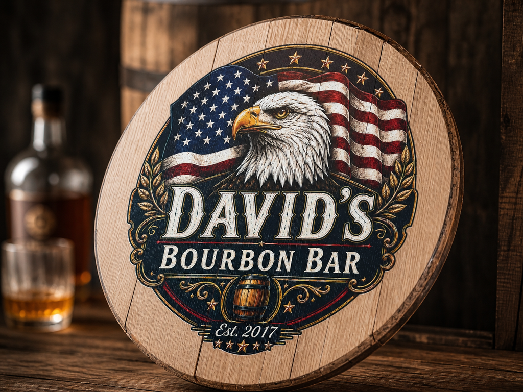 Personalized Bourbon Barrel Lid Sign | Custom Home Bar Decor | Patriotic Eagle Bourbon Bar Wall Art | Whiskey Barrel Man Cave Sign